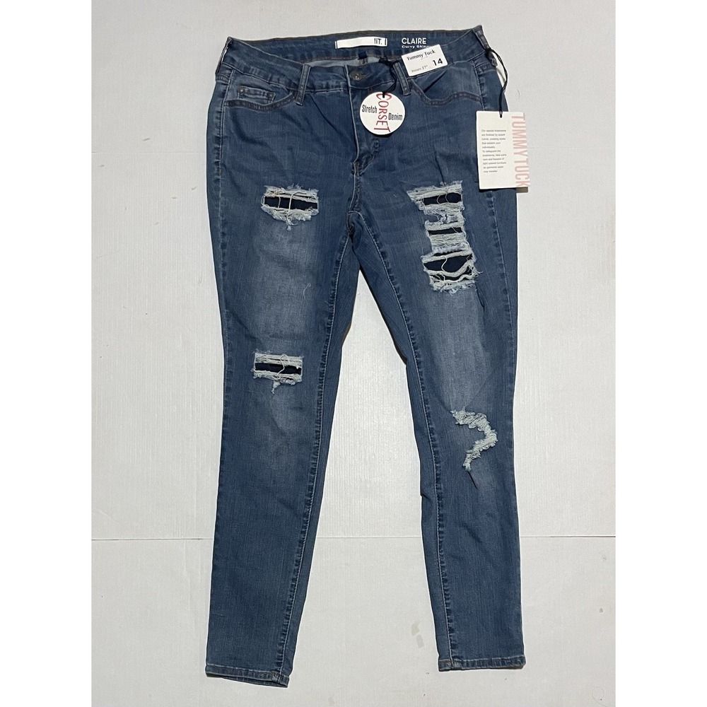 !iT Size 14 Claire Curvy Skinny Ankle Jean Distressed Mid Rise Med Blue Denim
